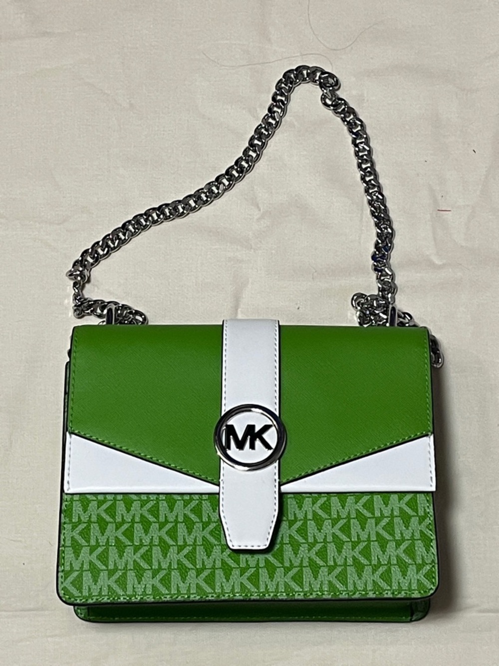 Michael Kors Green and White MK Logo Chain Shoulder Bag